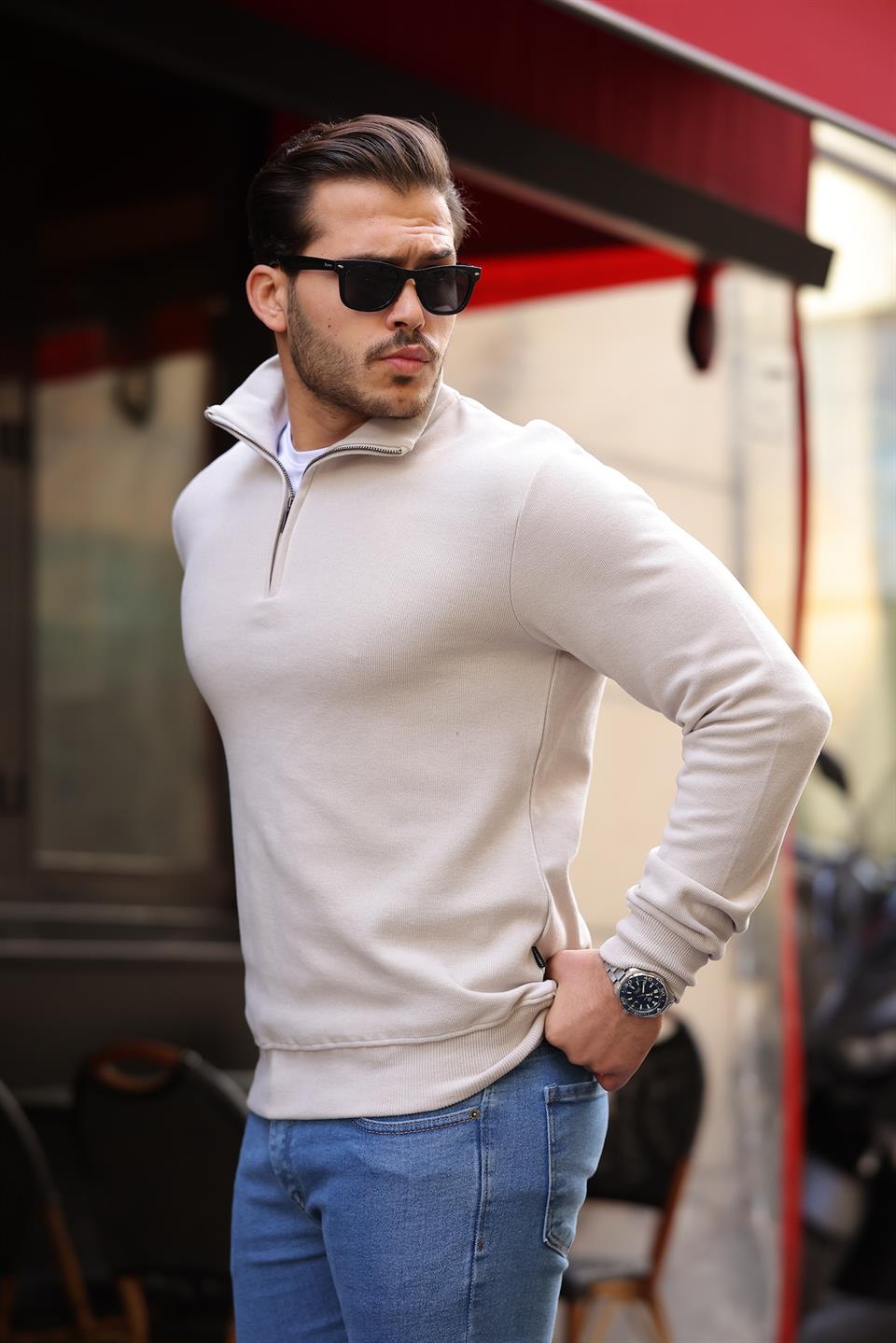 selanik örme kumaş yarim fermuar erkek sweatshirt - Justyol