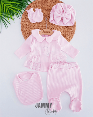 rabbit embroidered bonnet hat 5 piece newborn set - pink - Justyol