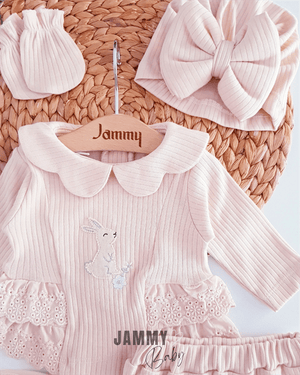 rabbit embroidered bonnet hat 5 piece newborn set - pink - Justyol