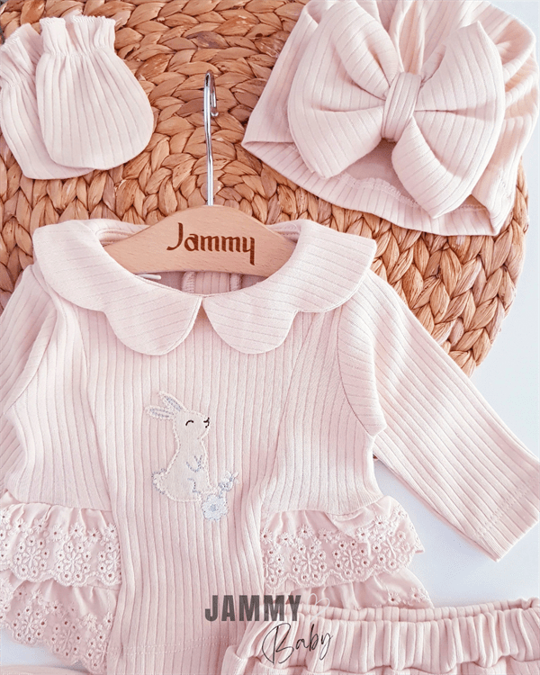 rabbit embroidered bonnet hat 5 piece newborn set - pink - Justyol