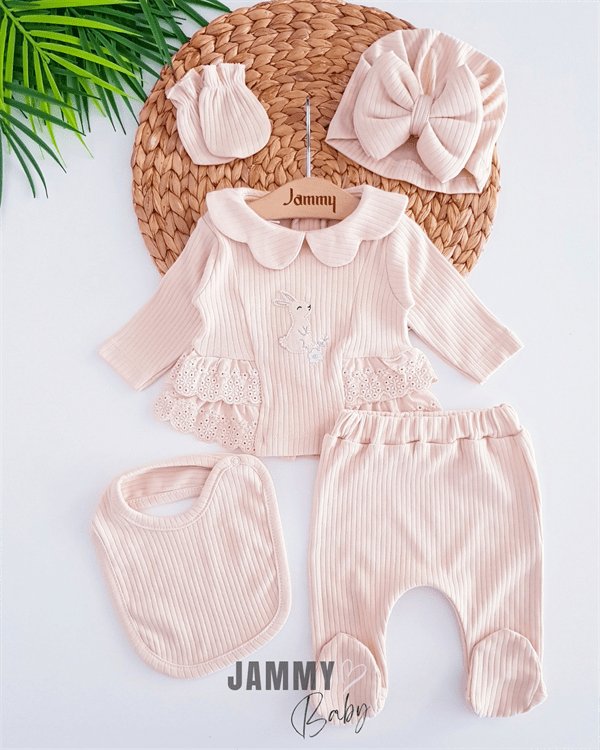 rabbit embroidered bonnet hat 5 piece newborn set - pink - Justyol