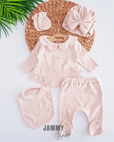 rabbit embroidered bonnet hat 5 piece newborn set - pink - Justyol