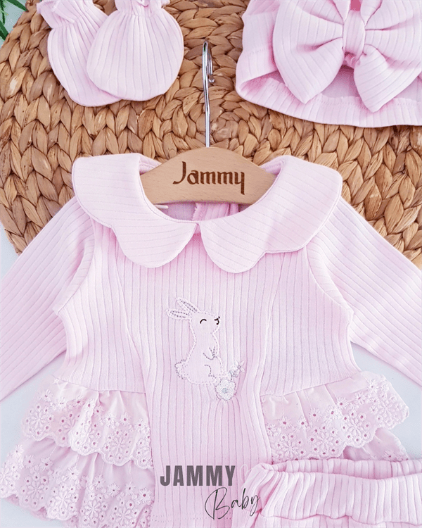 rabbit embroidered bonnet hat 5 piece newborn set - pink - Justyol