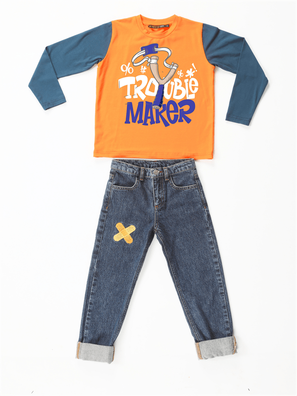trouble maker denim pantolon +t-shirt takim - Justyol