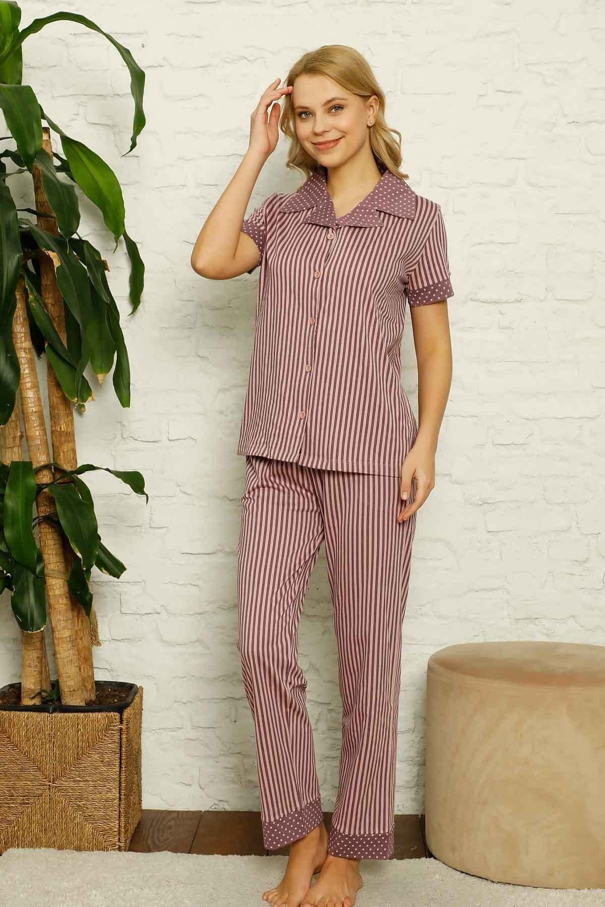 dreamy pamuklu uzun kollu puantiyeli düğmeli yaka pijama takimi - Justyol