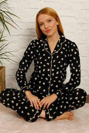 dreamy pamuklu biyeli papatya desenli gömlek pijama takimi - Justyol