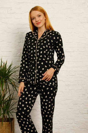 dreamy pamuklu biyeli papatya desenli gömlek pijama takimi - Justyol