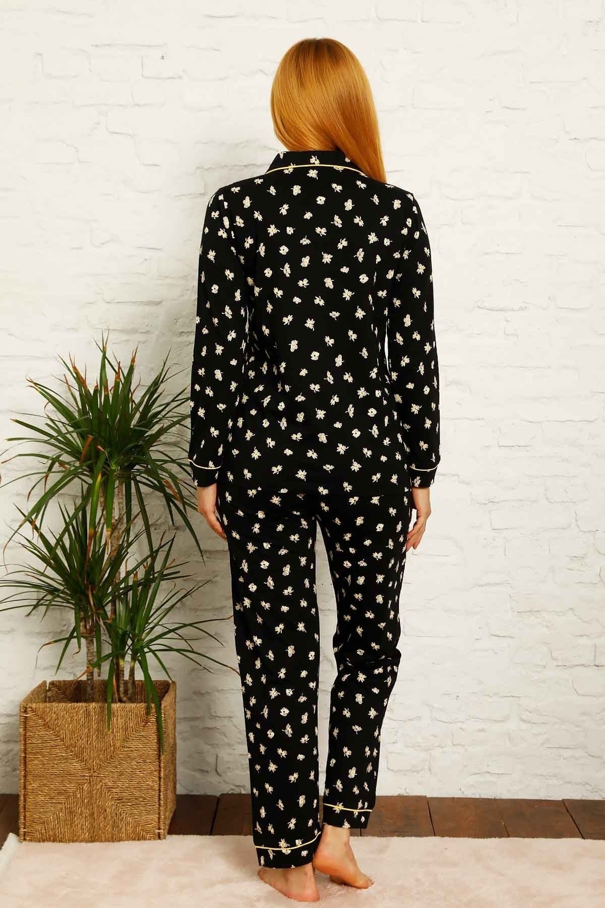 dreamy pamuklu biyeli papatya desenli gömlek pijama takimi - Justyol