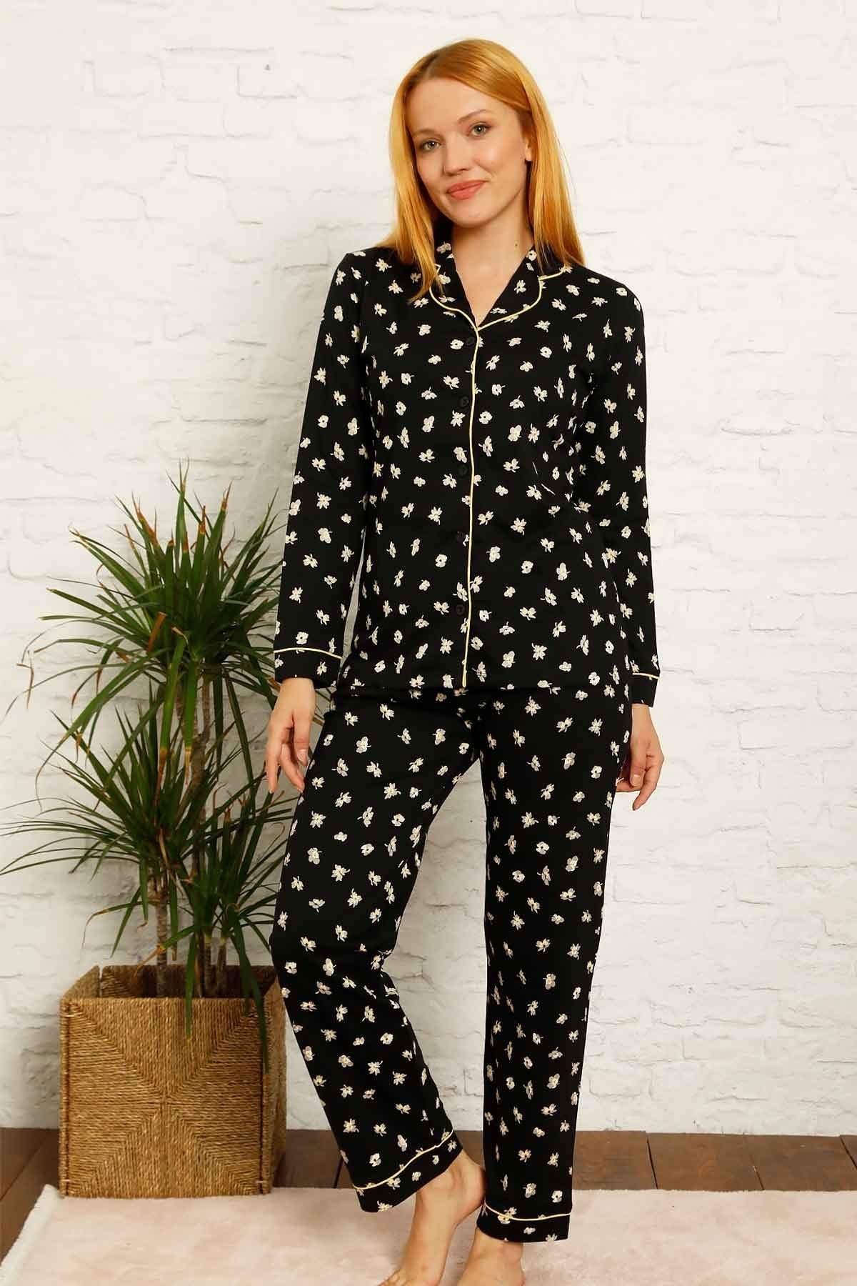 dreamy pamuklu biyeli papatya desenli gömlek pijama takimi - Justyol