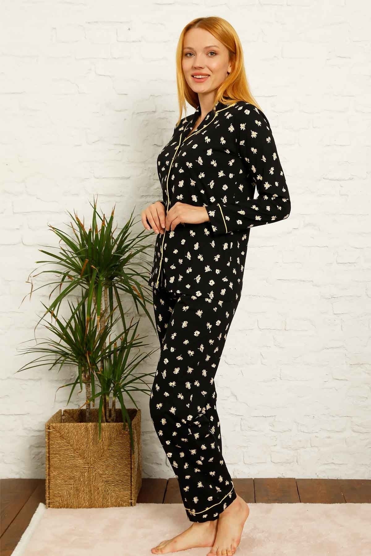 dreamy pamuklu biyeli papatya desenli gömlek pijama takimi - Justyol