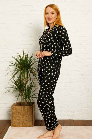 dreamy pamuklu biyeli papatya desenli gömlek pijama takimi - Justyol