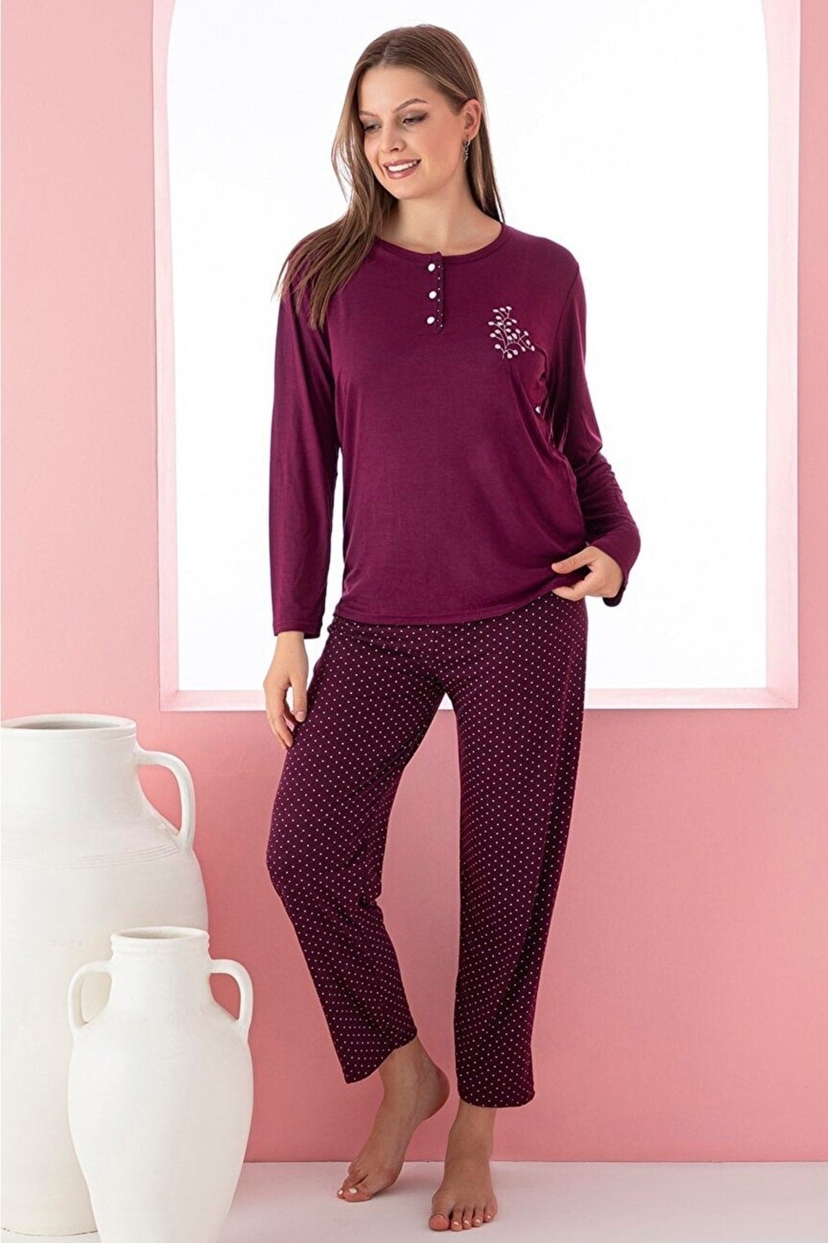 dreamy uzun kollu desenli düğmeli yaka pijama takimi - Justyol