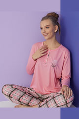 dreamy uzun kollu desenli düğmeli yaka pijama takimi - Justyol