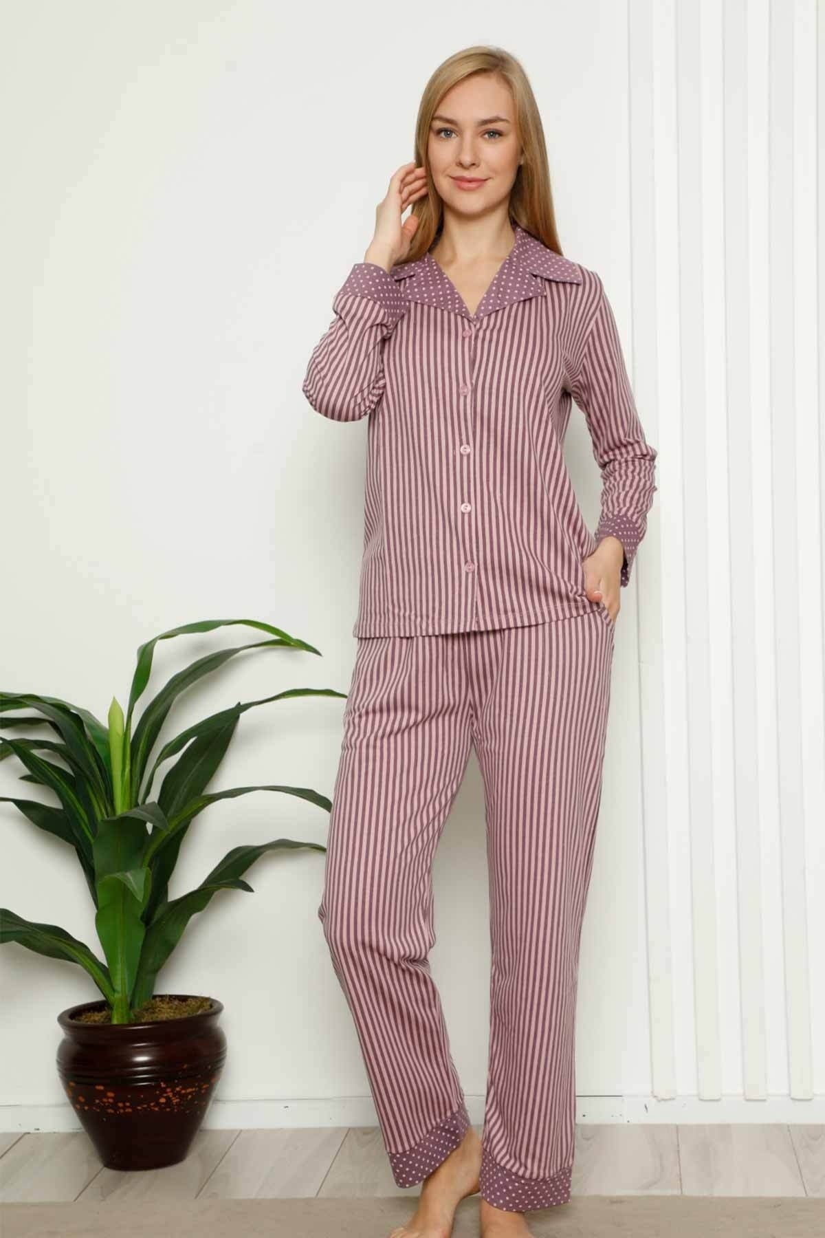dreamy pamuklu uzun kollu puantiyeli düğmeli yaka pijama takimi - Justyol