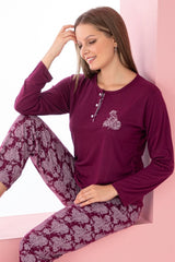 dreamy uzun kollu desenli düğmeli yaka pijama takimi - Justyol