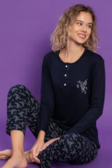 dreamy uzun kollu desenli düğmeli yaka pijama takimi - Justyol