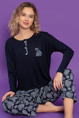 dreamy uzun kollu desenli düğmeli yaka pijama takimi - Justyol