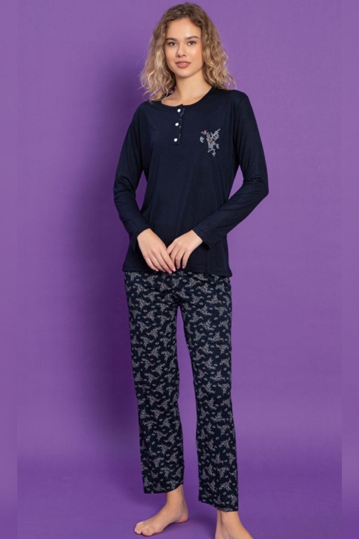 dreamy uzun kollu desenli düğmeli yaka pijama takimi - Justyol
