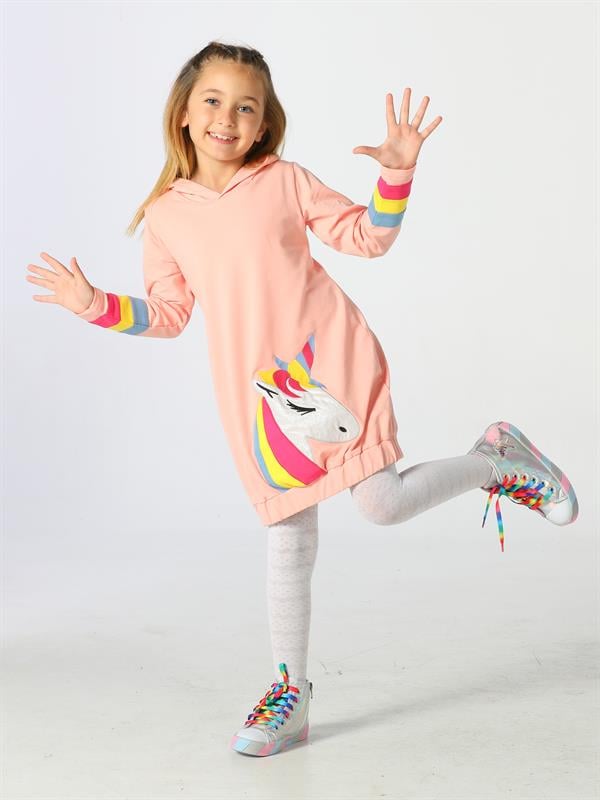 unicorn kollari renkli hoodie kiz çocuk elbise - Justyol