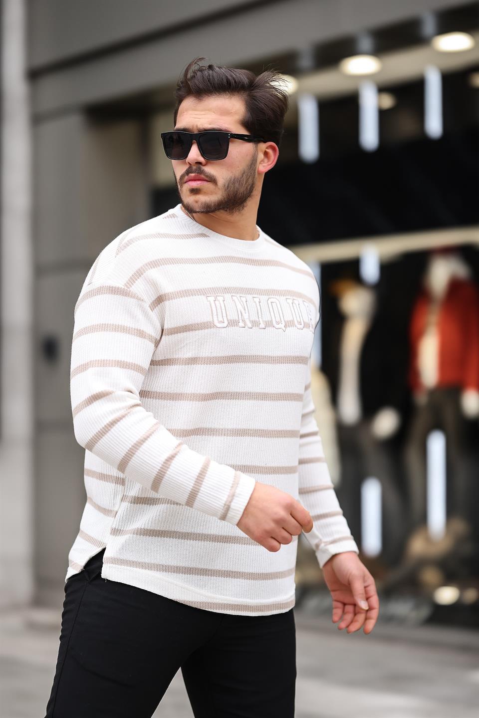 unique baskili çizgili erkek sweatshirt - Justyol