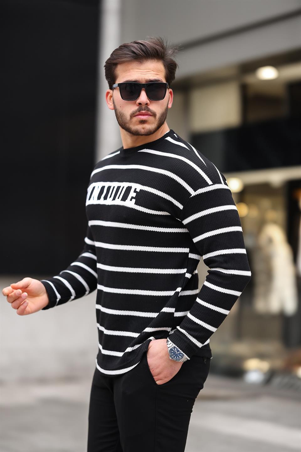 unique baskili çizgili erkek sweatshirt - Justyol