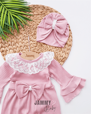 Violetta Lace & Bow Detailed Jumpsuit and Bonnet Hat - RED - Justyol