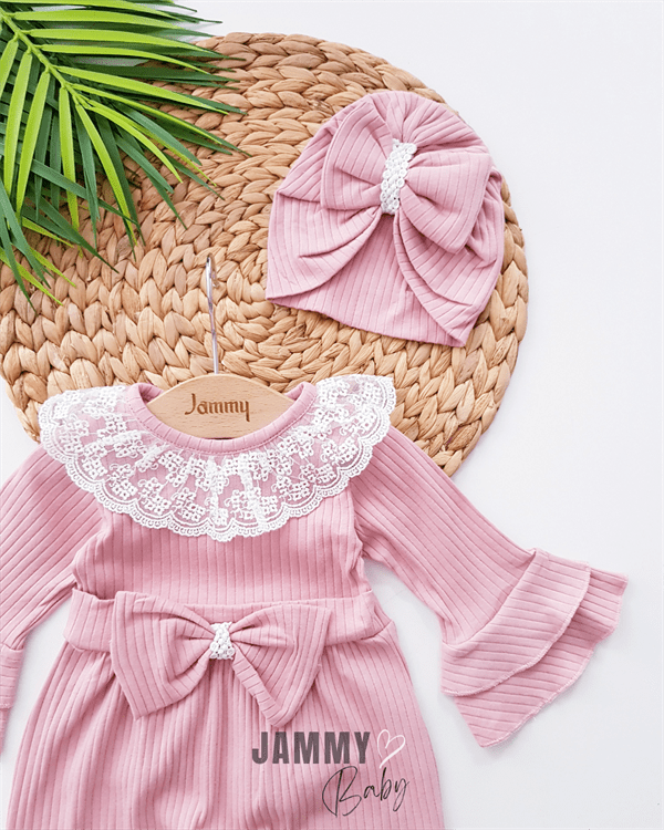 Violetta Lace & Bow Detailed Jumpsuit and Bonnet Hat - RED - Justyol