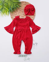 Violetta Lace & Bow Detailed Jumpsuit and Bonnet Hat - RED - Justyol