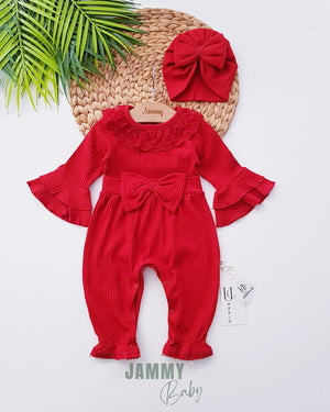 Violetta Lace & Bow Detailed Jumpsuit and Bonnet Hat - RED - Justyol