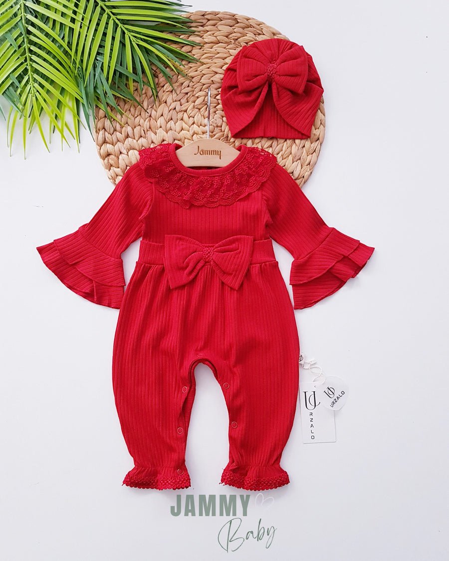 Violetta Lace & Bow Detailed Jumpsuit and Bonnet Hat - RED - Justyol