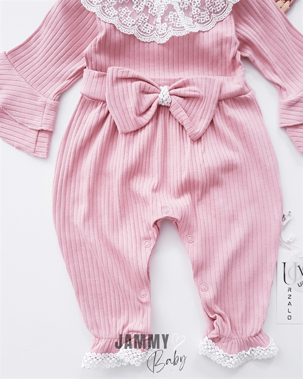 Violetta Lace & Bow Detailed Jumpsuit and Bonnet Hat - RED - Justyol