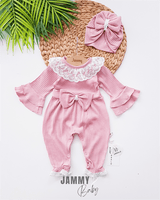 Violetta Lace & Bow Detailed Jumpsuit and Bonnet Hat - RED - Justyol