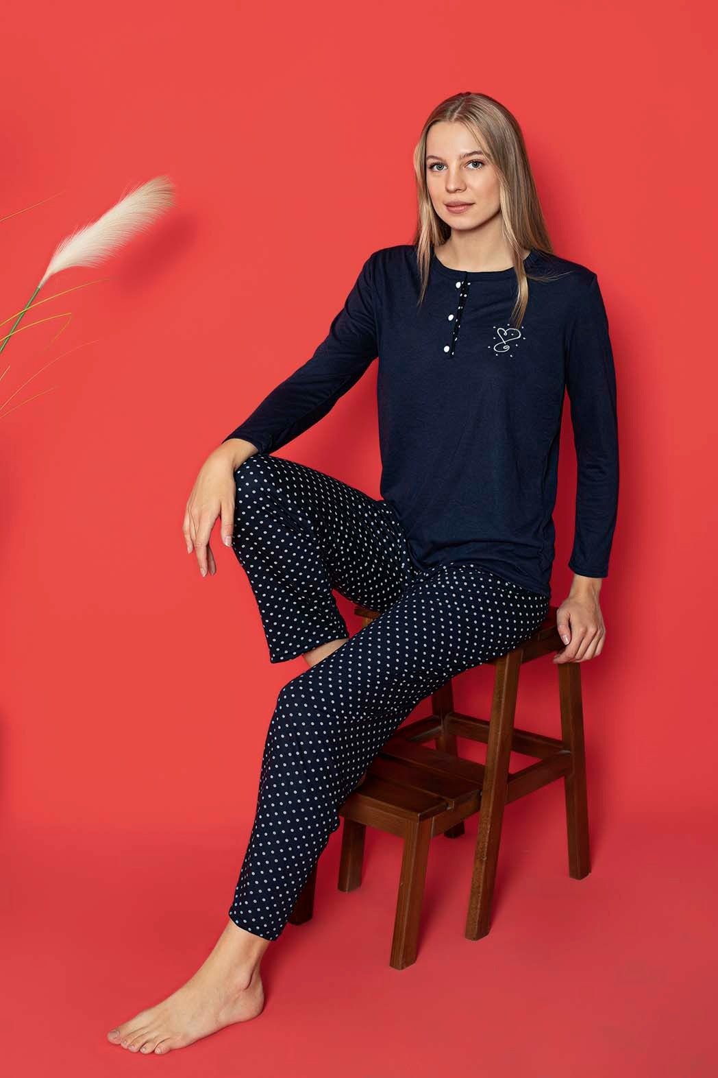 dreamy uzun kollu desenli düğmeli yaka pijama takimi - Justyol
