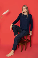 dreamy uzun kollu desenli düğmeli yaka pijama takimi - Justyol