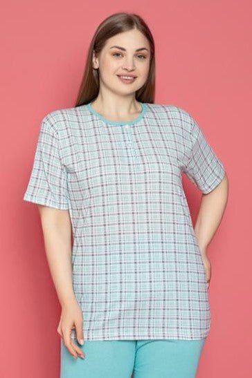 x - dreamy büyük beden pamuklu desenli düğmeli yaka pijama takimi - Justyol