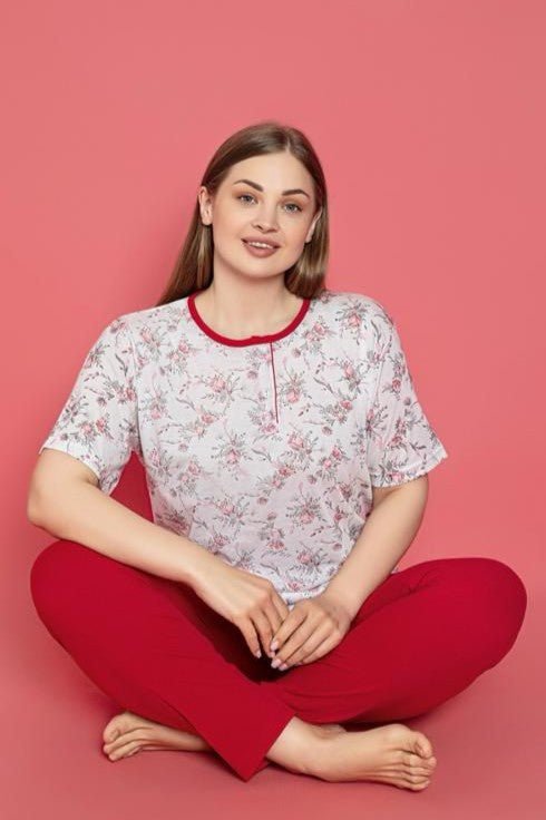 x - dreamy büyük beden pamuklu desenli düğmeli yaka pijama takimi - Justyol