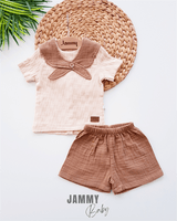 Collar Detailed Muslin Shorts Set - BEIGE - Justyol