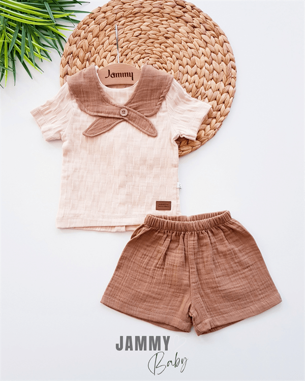Collar Detailed Muslin Shorts Set - BEIGE - Justyol
