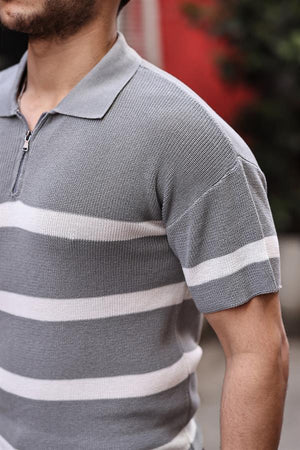 Yarım Fermuar Çizgili Oversize Triko T-Shirt - Justyol