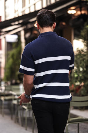 Yarım Fermuar Çizgili Oversize Triko T-Shirt - Justyol