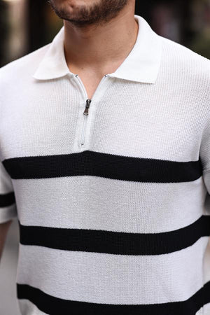 Yarım Fermuar Çizgili Oversize Triko T-Shirt - Justyol