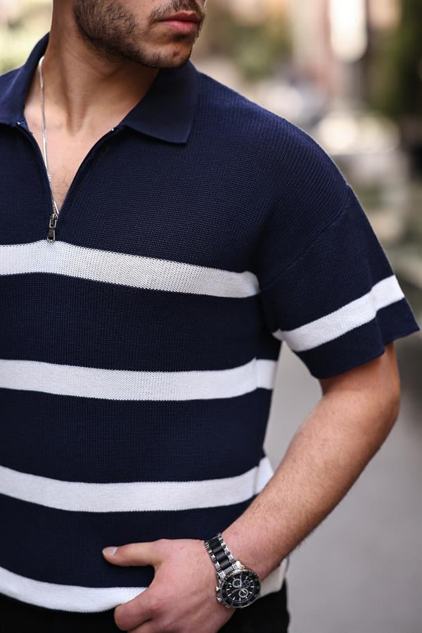 Yarım Fermuar Çizgili Oversize Triko T-Shirt - Justyol