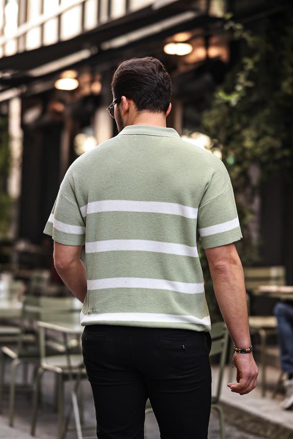 Yarım Fermuar Çizgili Oversize Triko T-Shirt - Justyol