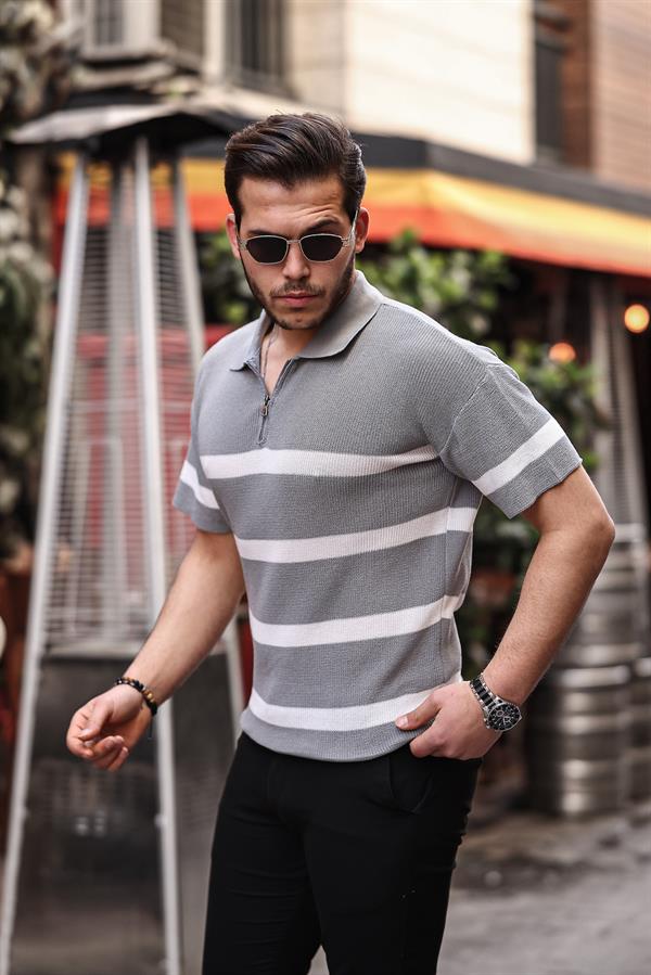 Yarım Fermuar Çizgili Oversize Triko T-Shirt - Justyol