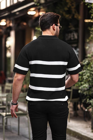 Yarım Fermuar Çizgili Oversize Triko T-Shirt - Justyol