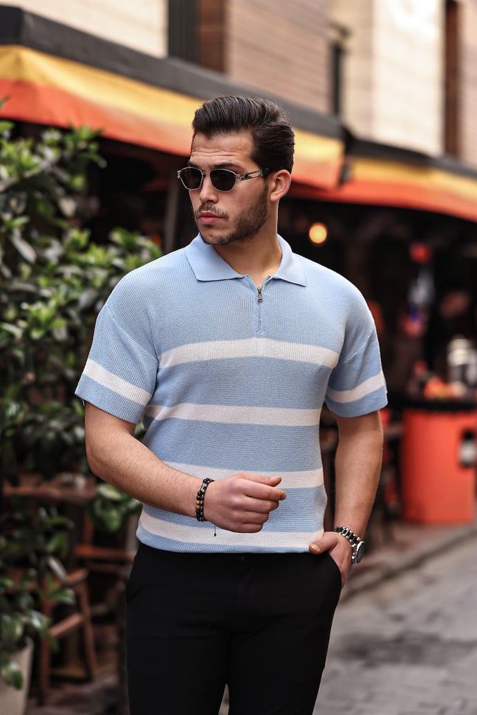Yarım Fermuar Çizgili Oversize Triko T-Shirt - Justyol