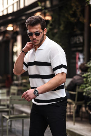 Yarım Fermuar Çizgili Oversize Triko T-Shirt - Justyol
