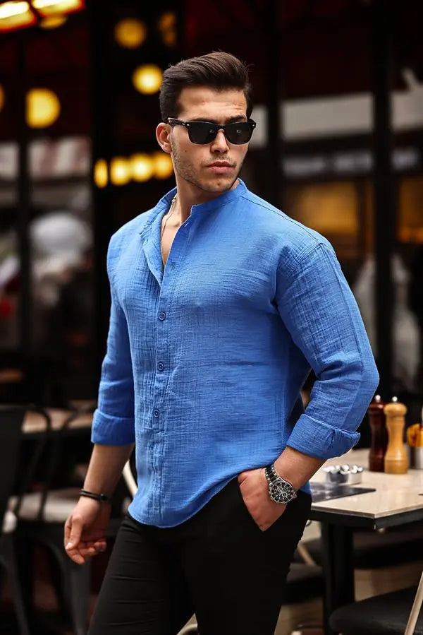 Chemise en muslin oversize à col mandarin à demi - boutonnage - Justyol
