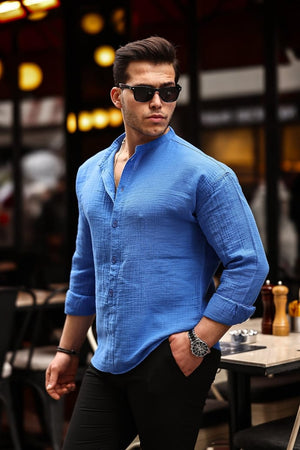 Yarım Pat Hakim Yaka Oversize Müslin Kumaş Gömle INDIGO - Justyol