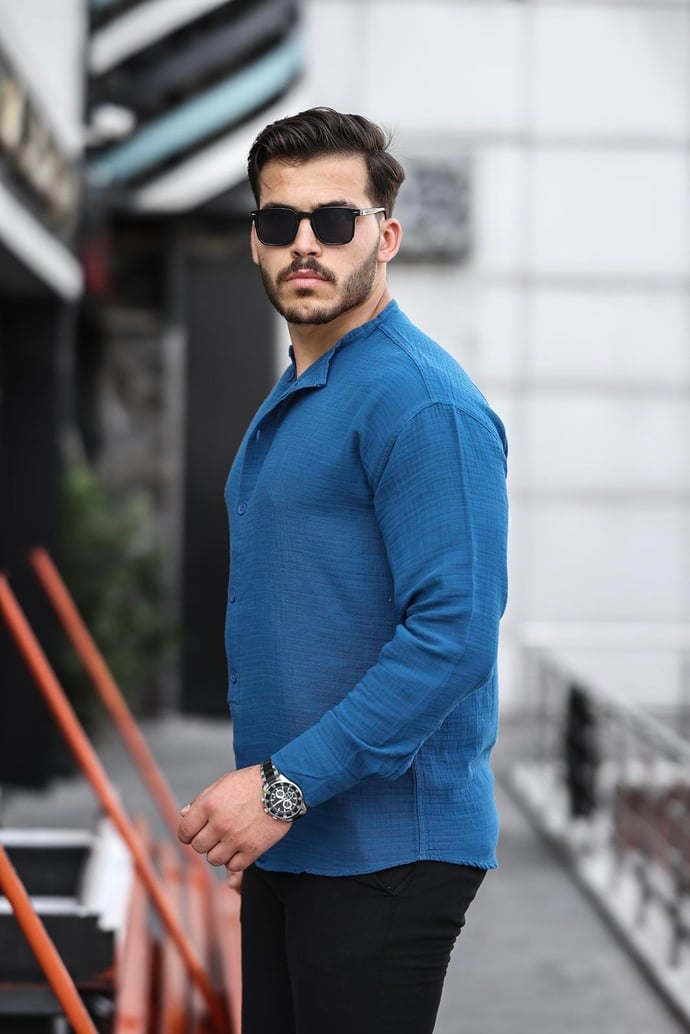Yarım Pat Hakim Yaka Oversize Müslin Kumaş Gömle INDIGO - Justyol